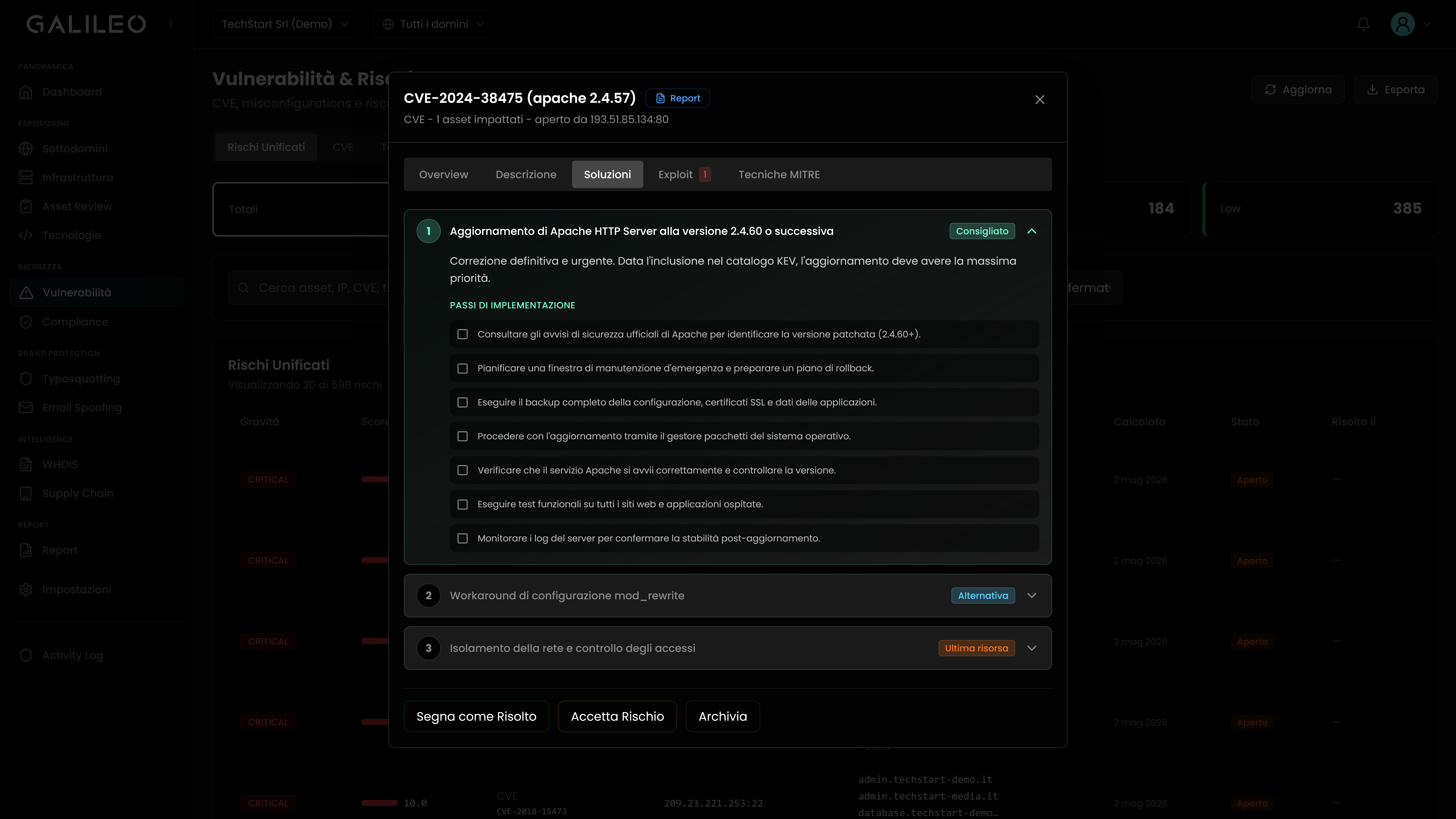 Dashboard remediation plan Galileo