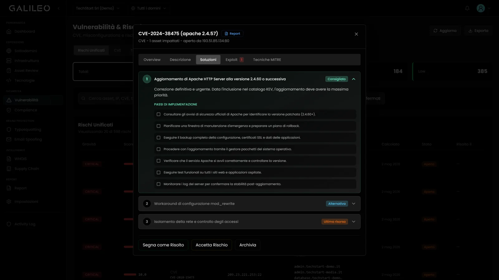 Galileo remediation plan dashboard